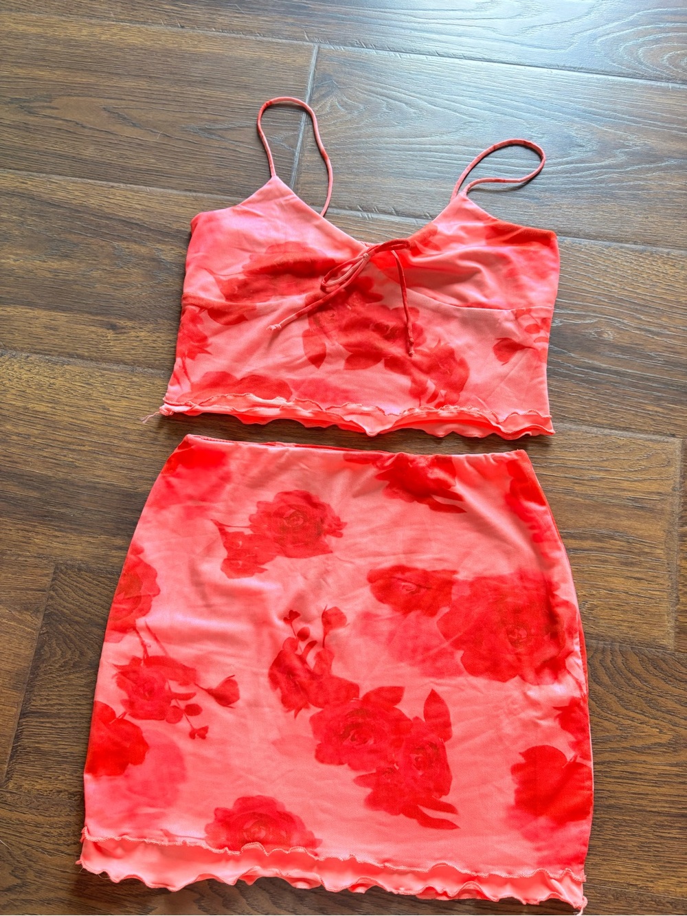 SHEIN Red Floral Two-Piece Mini Skirt Set